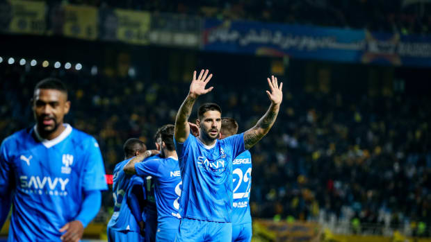 Aleksandar Mitrovic pictured (center) celebrating a goal during Al-Hilal's win over Sepahan in February 2024